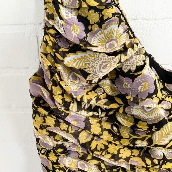 NWOT Zara Mini dress One shoulder Floral Draped Ruched Black Lavender Yellow M - Picture 14 of 16
